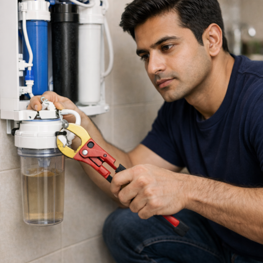 Man repairing RO water purification system