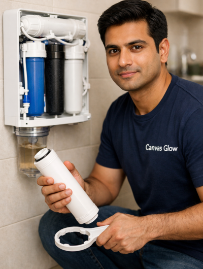 Technician servicing RO water purifier
